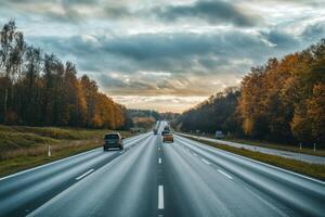 Cars travel on an empty highway with fall foliage on either side. photo
