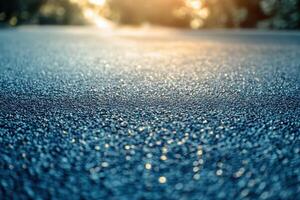 Close up of asphalt road with dew drops in morning light. photo