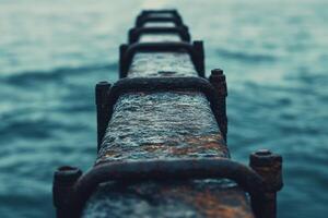 Close up of rusty metal railing overlooking a vast ocean. photo