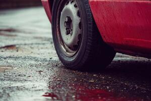 A red car is parked on a wet road photo