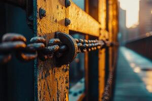 Closeup of a rusty chain link fence in the sunset. photo