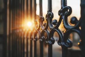 Closeup of an ornate iron gate with the sun shining through. photo