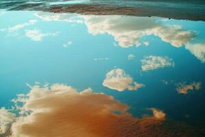 Clouds reflected in a puddle of water on a sunny day. photo