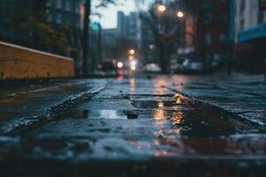 Rainy city street at night with puddles on the ground photo