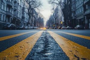 Empty city street with yellow lines in the foreground. photo