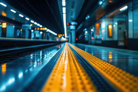 Empty subway platform with yellow lines in the foreground. photo