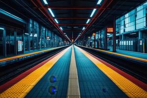 Empty train platform with colorful tiles and lights. photo