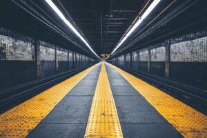 Empty subway platform with yellow lines. photo
