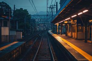 Empty train station platform with tracks leading into the distance. photo