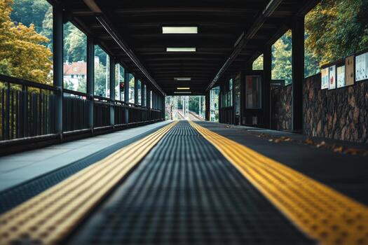 Empty train platform with yellow tactile paving. photo
