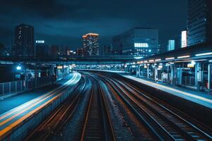 Empty train tracks at night with city skyline in the background. photo