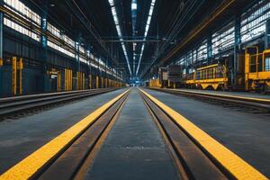 Empty train tracks in industrial setting. photo