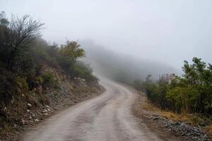 Foggy dirt road winding through the hills. photo
