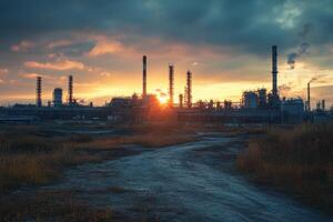 Industrial complex at sunset with a dirt road leading into the frame. photo