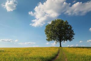 Lone tree in a field with a dirt path leading to it. photo