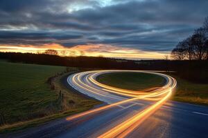 Light trails on a winding road during sunset. photo