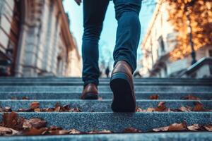 Man walking up stairs in city with fall leaves. photo