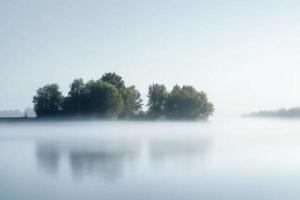 Misty morning over a calm lake with a small island of trees. photo