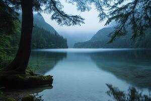 A lake surrounded by trees and mountains photo