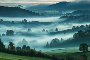 Misty morning valley with rolling hills and fog. photo