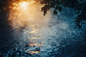 A stream with water and leaves in the background photo