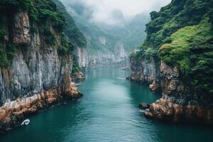 Misty River Gorge with Small Boat. photo