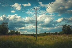 Power lines and a meadow with a blue sky. photo
