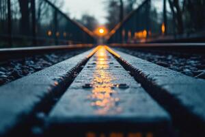Railroad tracks leading towards a distant light. photo