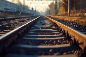 Railroad tracks stretching into the distance, with the sun shining in the background. photo