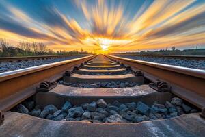 Railroad tracks vanishing into a sunburst sky. photo