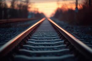 Railroad tracks vanishing into a sunset. photo