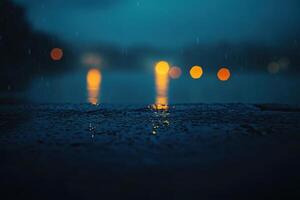 Rainy night with lights on the water photo