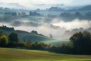 Rolling hills covered in morning mist with sunbeams breaking through. photo