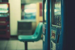 A blue vending machine with a green chair in front of it, with a red vending machine in the background. photo