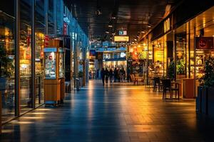 A bustling indoor shopping mall with a mix of shops and restaurants. photo