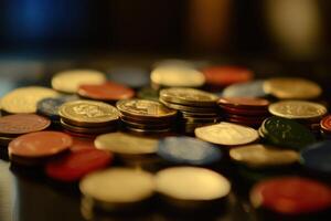A close-up shot of a pile of poker chips, mostly gold, but with some red, blue, and green chips in the foreground. photo