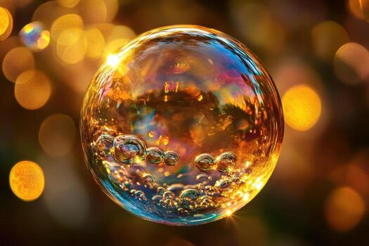 A large iridescent soap bubble with smaller bubbles trapped inside, reflecting the golden light of the setting sun. photo