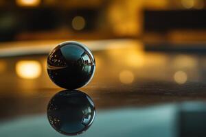 A black sphere with a blurred background reflects on a shiny surface. photo