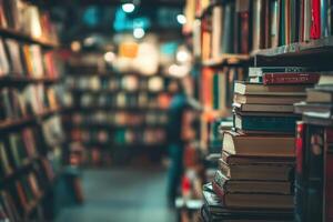 A bookshelf filled with books in a library with a person out of focus in the background. photo