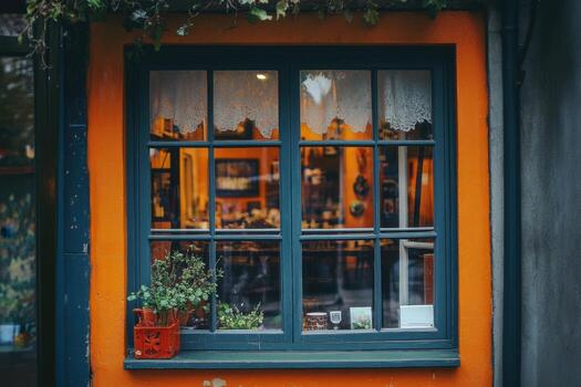 A charming window with a plant in a red pot, looking into a cozy cafe. photo
