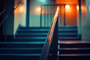 A dimly lit staircase with a handrail in the foreground. photo