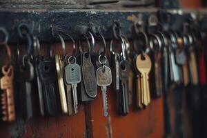 A collection of old keys hanging on a metal bar. photo