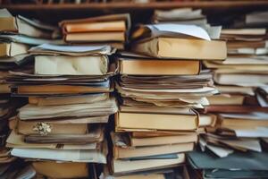 A large stack of books and papers on a bookshelf, showing signs of age and use. photo