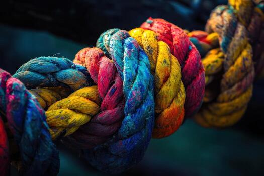 A close up of a colorful rope knot. photo