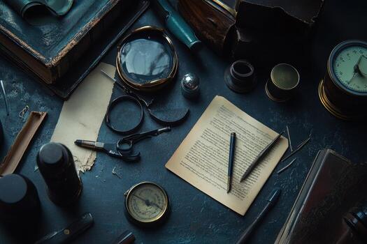A flat lay of vintage tools and objects on a dark blue surface. photo