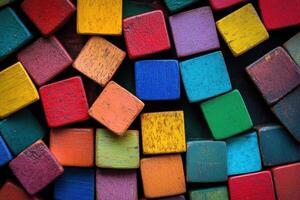 A close-up of a collection of colorful wooden blocks. photo
