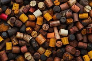 A close-up of a colorful collection of assorted wooden corks. photo
