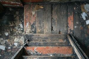 A close up of old, wooden steps in a dark, abandoned room. photo