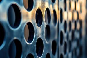 A close-up of a metal sheet with circular holes, reflecting light. photo