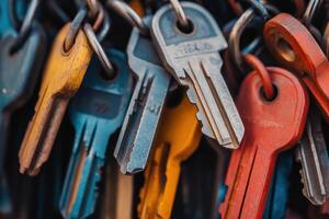 A close-up of a colorful bunch of keys hanging on a ring. photo